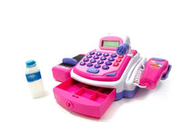 Pink and purple kids' cash register set with a mini grocery basket and toy bottle, encouraging pretend play