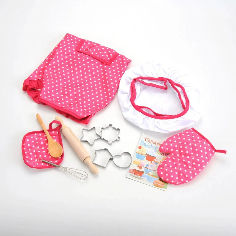 "Complete chef set for toddlers with chef hat, apron, whisk, rolling pin, and cookie cutters, perfect for role play