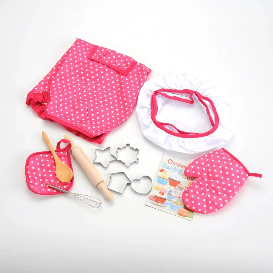 "Complete chef set for toddlers with chef hat, apron, whisk, rolling pin, and cookie cutters, perfect for role play