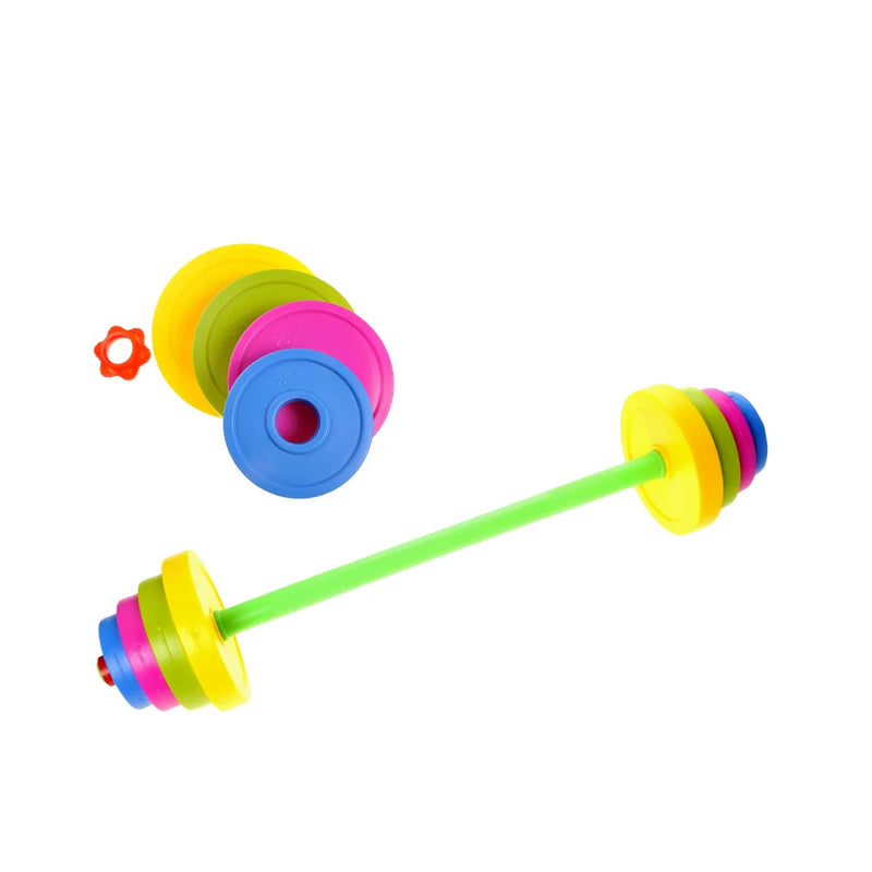 Colorful barbell toy set for kids with multiple vibrant weight plates and a green bar.