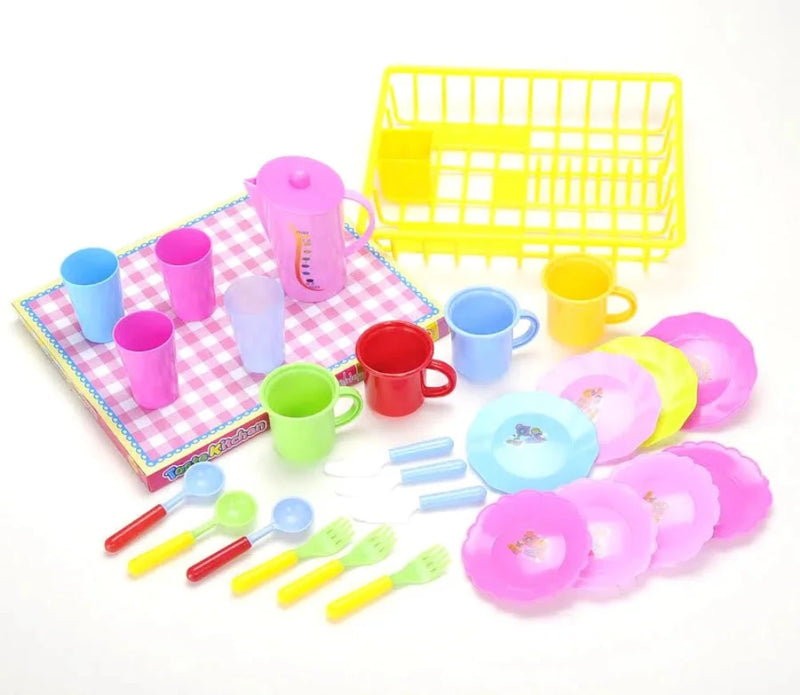 Colorful kids tea set toy with teapot, cups, and plates in a yellow rack