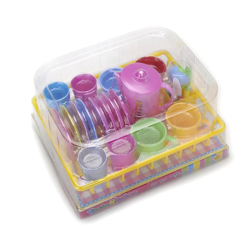 Colorful kids tea set toy with teapot, cups, and plates in a yellow rack