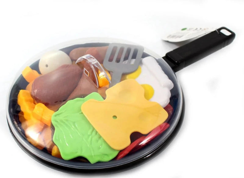 Kids cooking playset with food items including eggs, pancake, burger, and hot dog in a plastic pan, ideal for role-playing activities