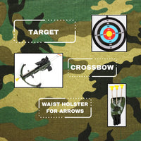 Features of kids' crossbow archery set, including target, waist holster, and durable crossbow design