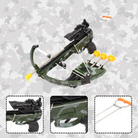 Detailed view of kids' crossbow set with suction cup arrows and a target for safe outdoor play