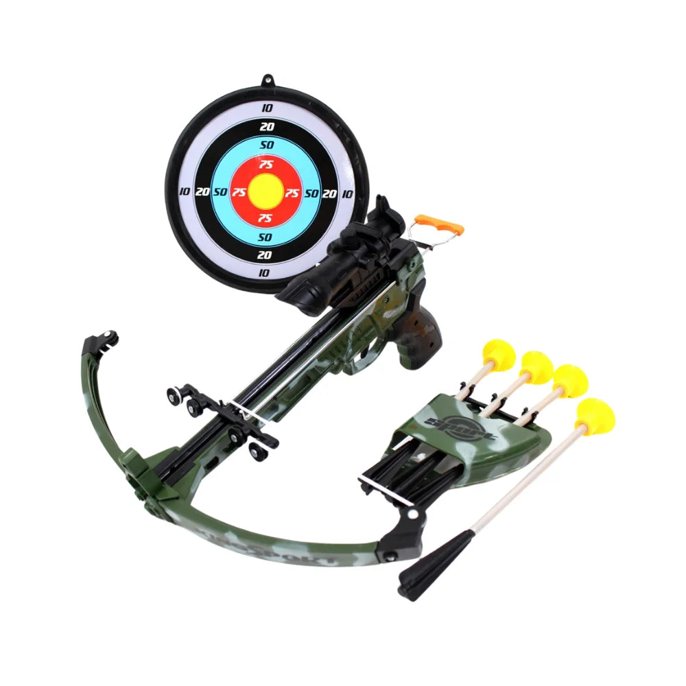 Kids crossbow archery set with target, waist holster for arrows, and suction cup arrows for safe play