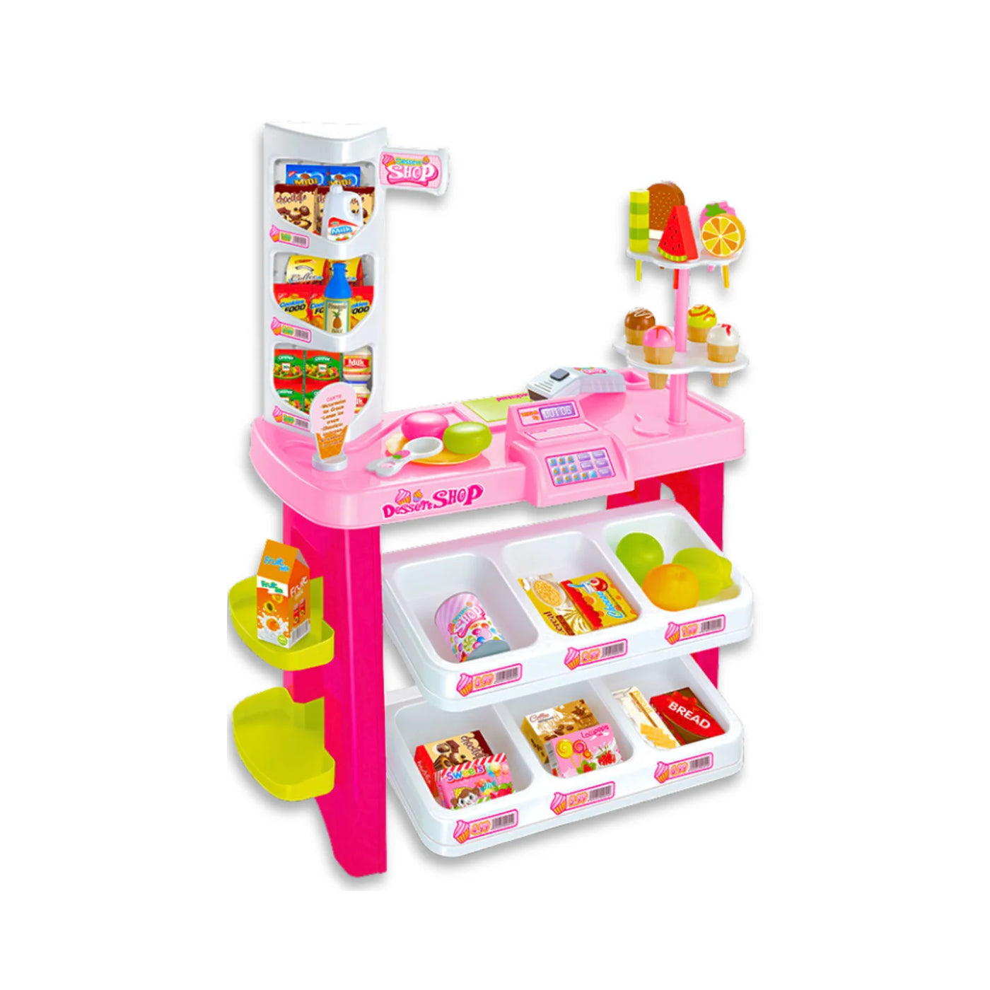 Pink kids dessert shop playset with shelves and pretend food items.