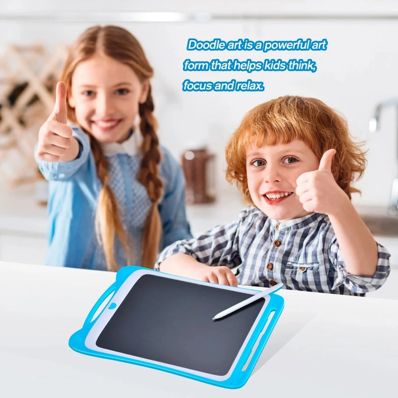 Two kids enjoying doodling on an LCD drawing board, enhancing creativity and focus