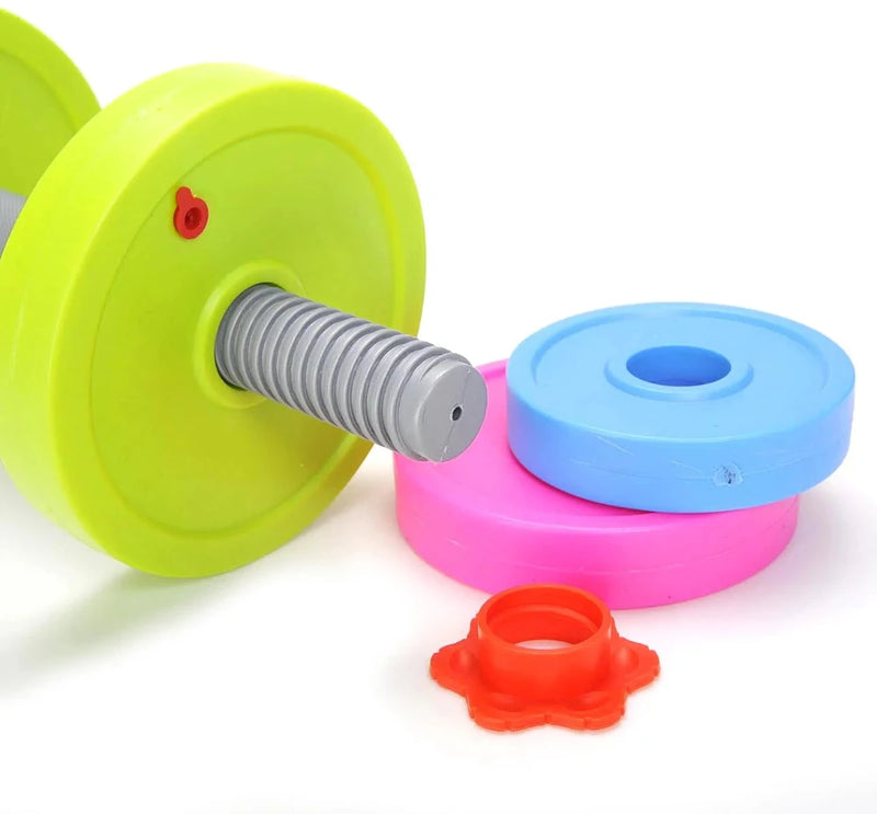 Children's dumbbell toy with detachable weight discs and a secure handle, providing a safe and fun pretend play experience
