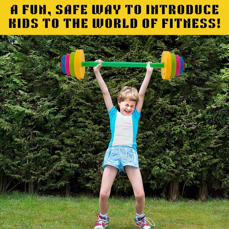 "Child lifting a colorful barbell toy, promoting a fun and safe introduction to fitness for kids.