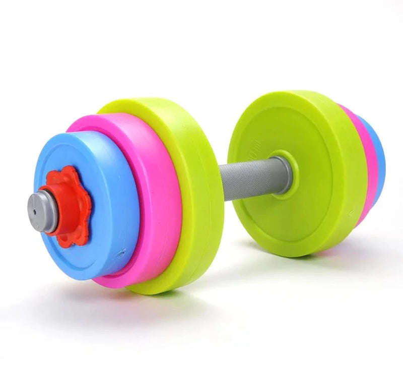 Brightly colored fitness dumbbell toy for children, featuring a sturdy design with multiple weight discs in green, pink, and blue.