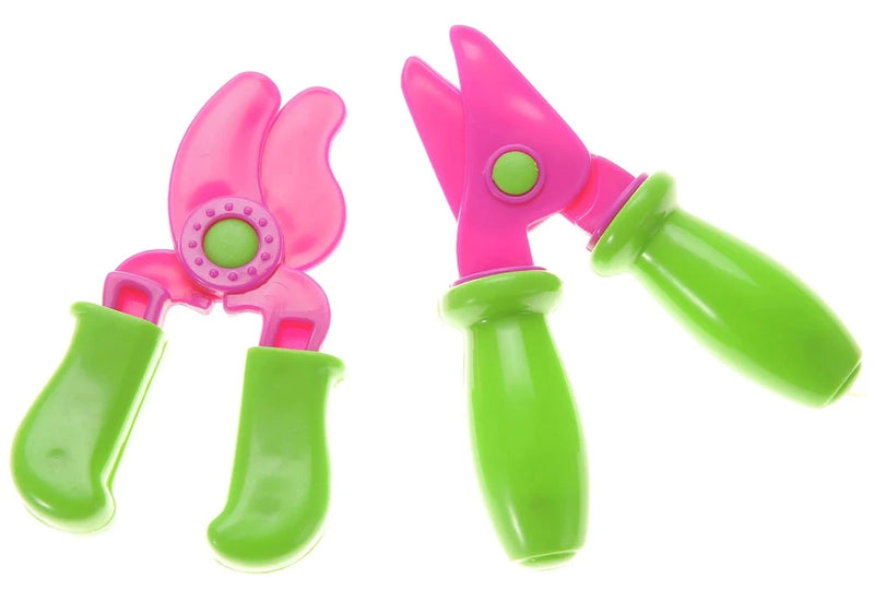 Pink and green kids garden shears, safe gardening tool for children’s play