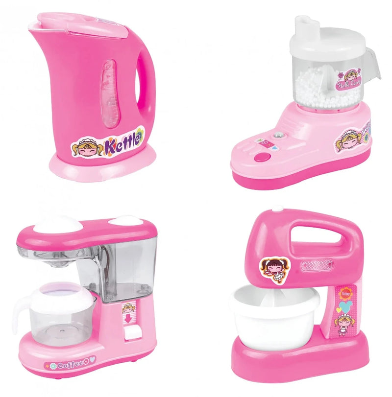 Kids kitchen playset with pink kettle, mixer, coffee maker, and candy machine for imaginative play.