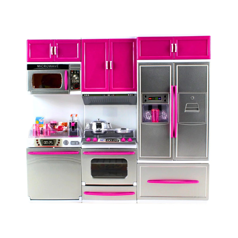 Kids kitchen playset with stove, oven, microwave, and refrigerator, featuring a modern design in pink and grey