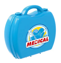 Blue medical playset case for kids with 'Medical' logo featuring syringe and heart graphics