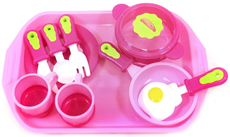 Kids pink cooking playset with utensils, plate, pot, and frying pan on a pink tray - perfect for imaginative play.