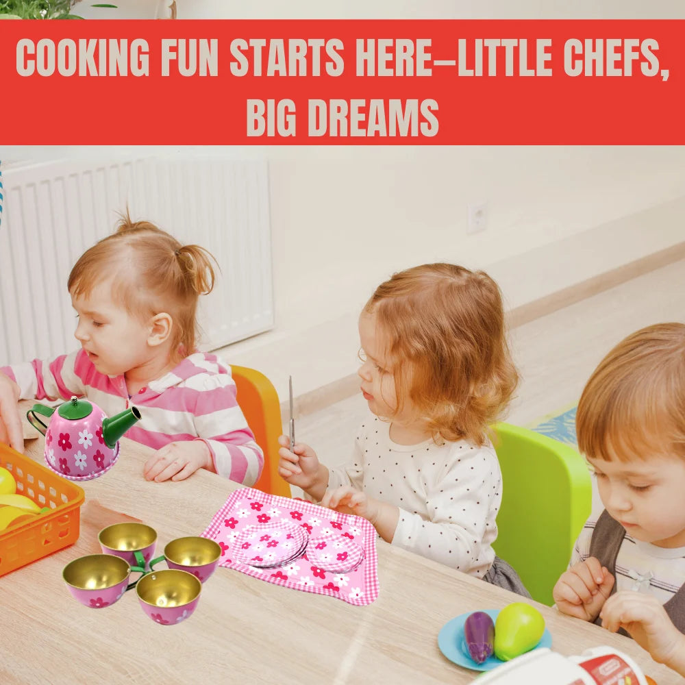 Metal Teapot and Cups Kitchen Playset (Flower Design) – Adorable Tea Party Set for Kids