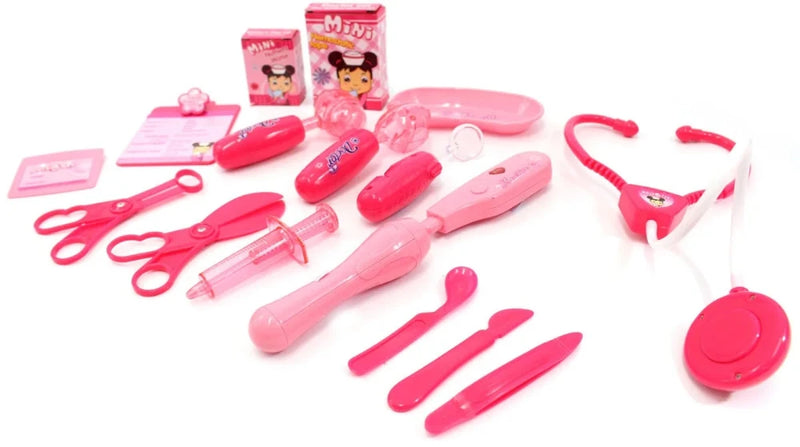 Complete pink doctor play set toy kit with medical essentials including stethoscope, syringe, scissors, and more for kids