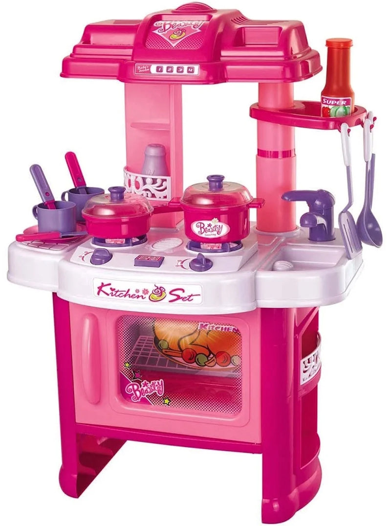 Kids pink kitchen playset with realistic pots, pans, and cooking tools for imaginative play