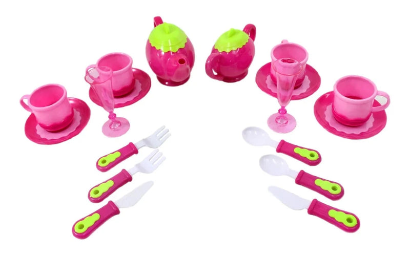 Kids pink kitchen set toy for pretend play tea party with cups, plates, cutlery, and teapot.