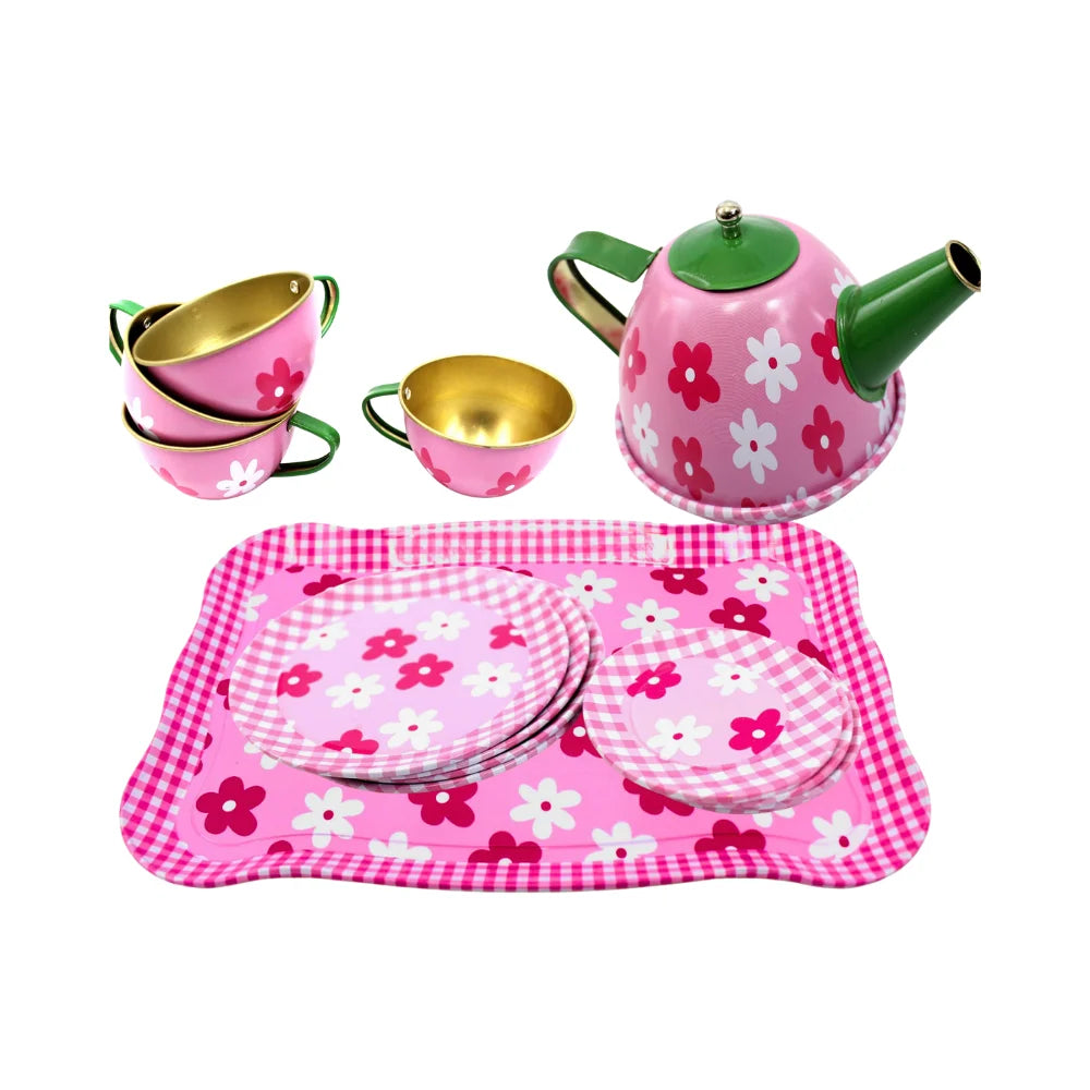 Metal Teapot and Cups Kitchen Playset (Flower Design) – Adorable Tea Party Set for Kids