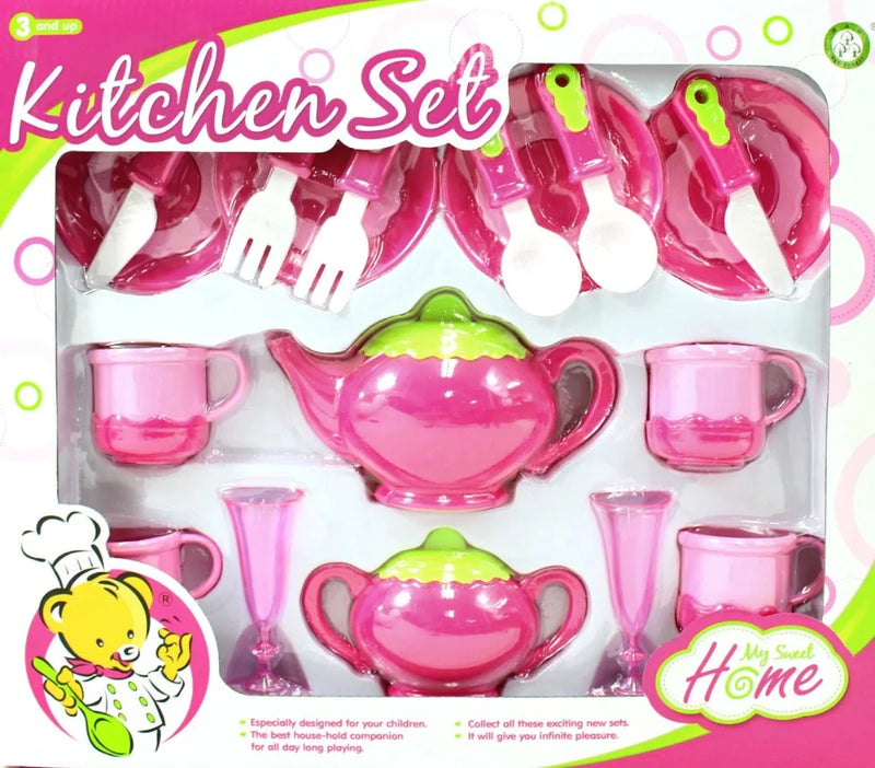 Kids pink tea set with green-lidded teapots, cups, glasses, and pink cutlery for kitchen play