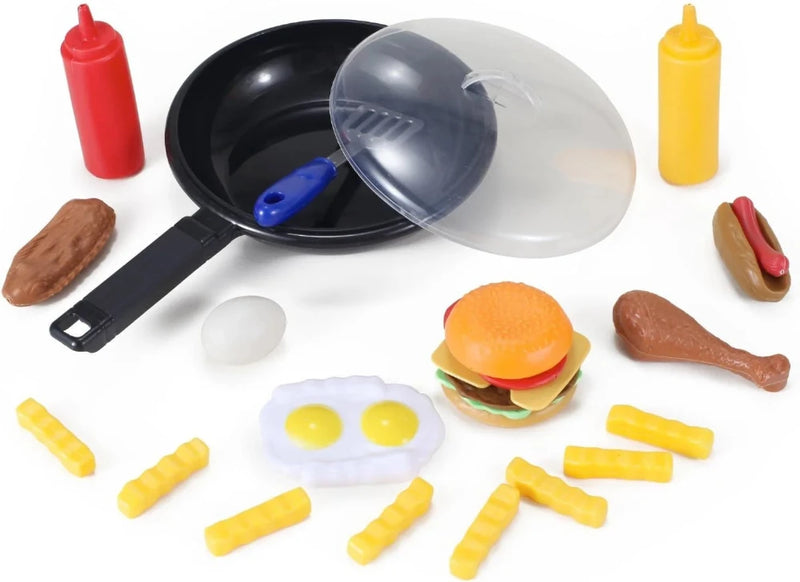 Kids play cooking set with plastic food items like burger, fried eggs, chicken, fries, and condiment bottles, perfect for pretend kitchen play.