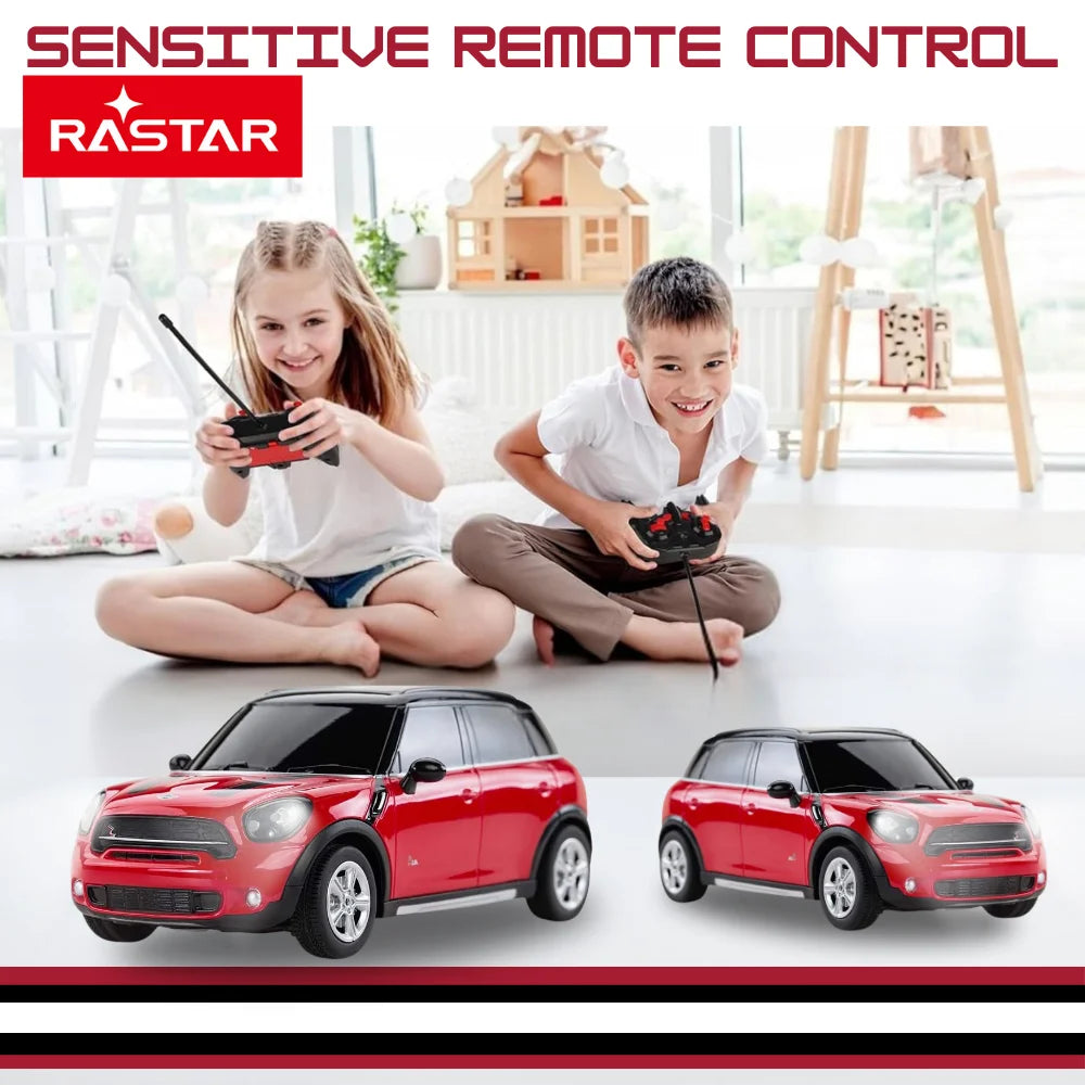 Two children playing with the Mini Cooper remote control car by Rastar, showcasing sensitive control.