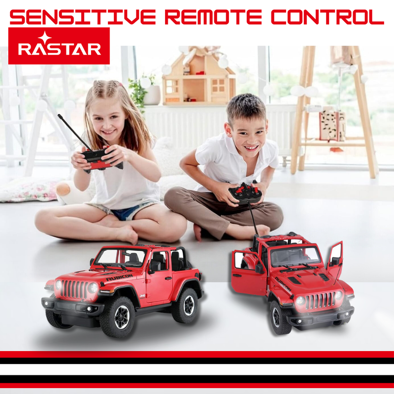 Kids enjoying remote-controlled RC Jeep Wrangler 4x4, highlighting interactive play and excitement.