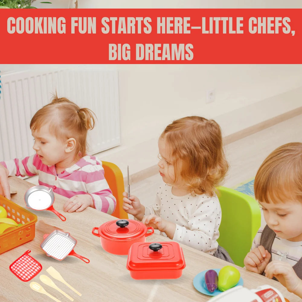 Kids enjoying pretend cooking play with toy kitchen set featuring pans, pots, and utensils