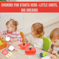 Kids enjoying pretend cooking play with toy kitchen set featuring pans, pots, and utensils