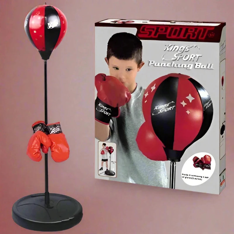 Complete kids punching bag with stand and boxing gloves in packaging