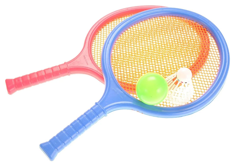 Colorful kids' racket set with green ball and shuttlecock for outdoor games