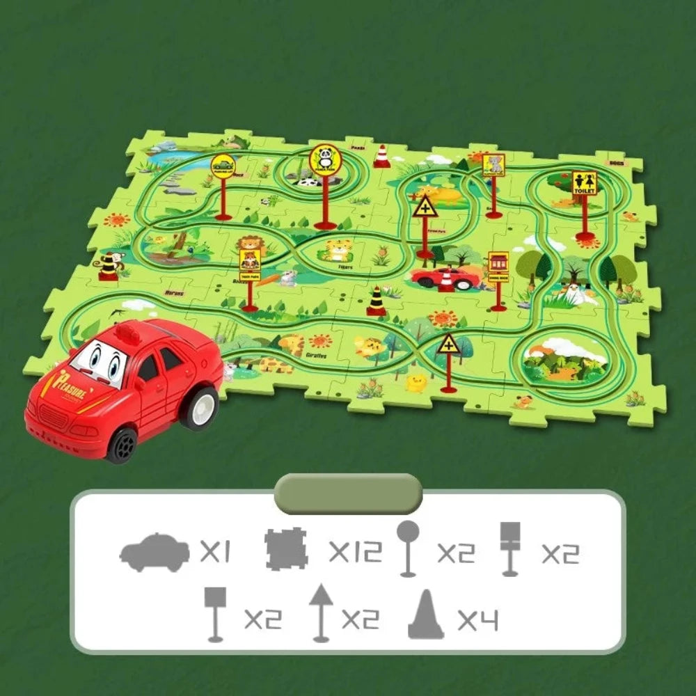 Contents of kids road puzzle playset, including puzzle pieces, toy car, and road signs for imaginative play