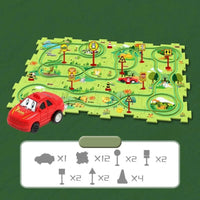 Contents of kids road puzzle playset, including puzzle pieces, toy car, and road signs for imaginative play