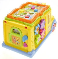 Back view of kids' intellectual school bus toy showing animated animal friends.