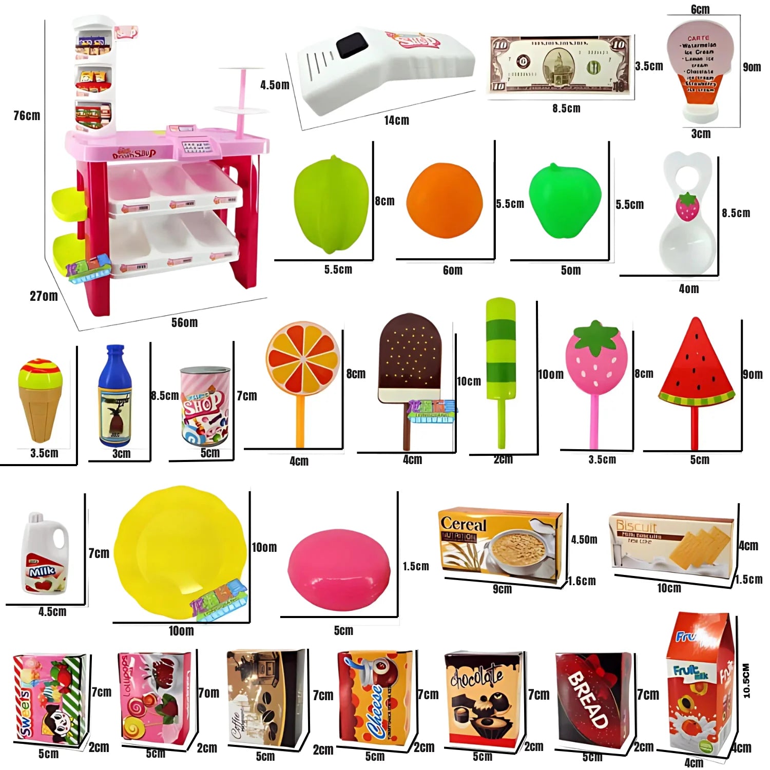 Full list of accessories included in the kids supermarket grocery playset.