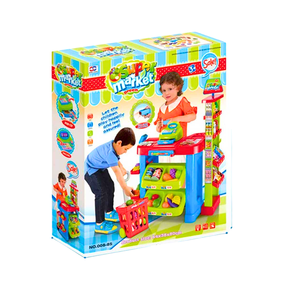 Kids supermarket playset in packaging, featuring interactive cash register, shelves, and shopping cart.