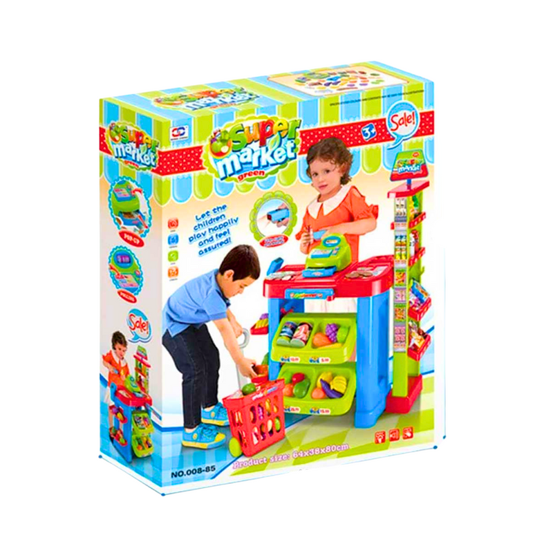 Kids supermarket playset in packaging, featuring interactive cash register, shelves, and shopping cart.