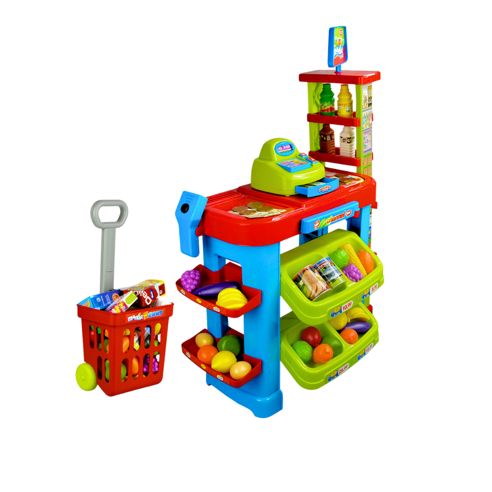  Kids supermarket playset with cash register, shopping cart, and play food for fun pretend play