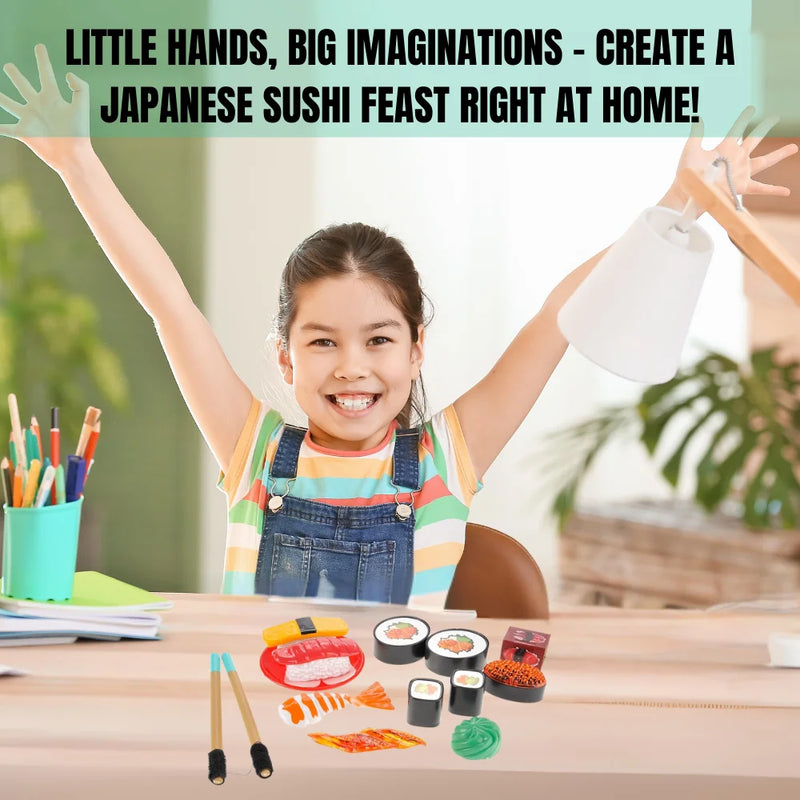 Excited child playing with sushi bento play set for creative pretend play and hands-on food fun
