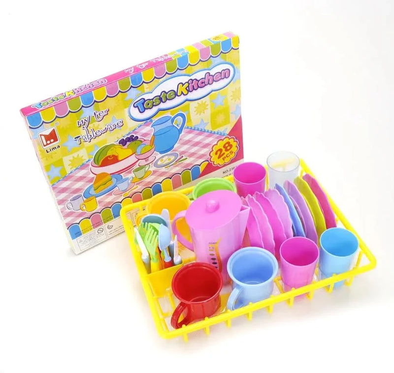 Kids' colorful tableware playset in box, perfect for tea parties and pretend play