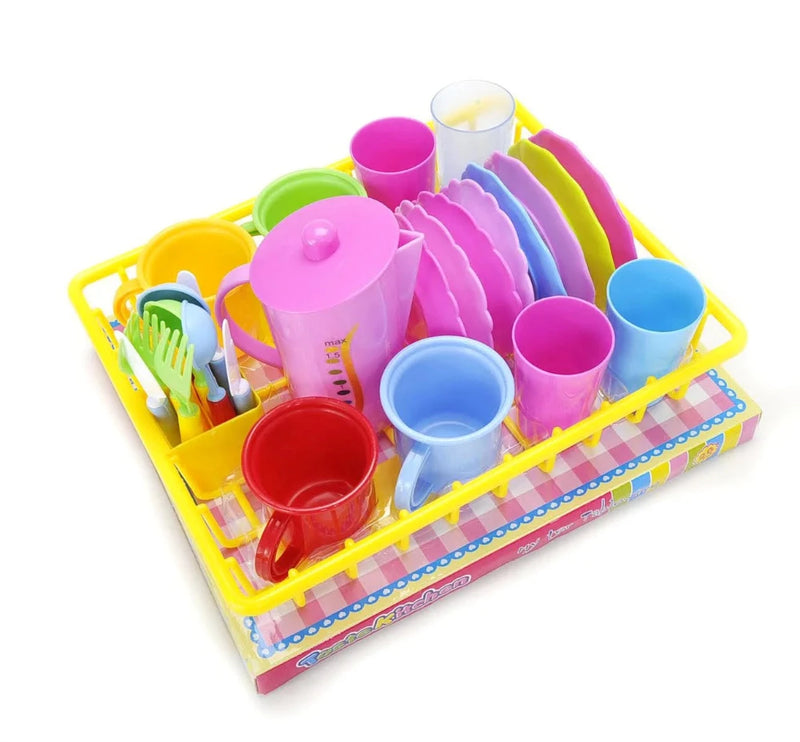 Kids' tea party playset featuring a teapot, cups, plates, and a cutlery rack