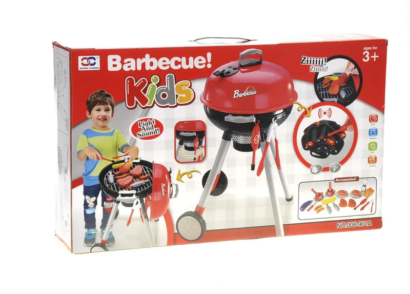 Kids toy BBQ set in box with realistic light and sound features, suitable for children ages 3 and up