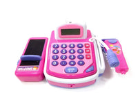 Pink and purple toy cash register set with calculator and scanner, perfect for children's pretend play