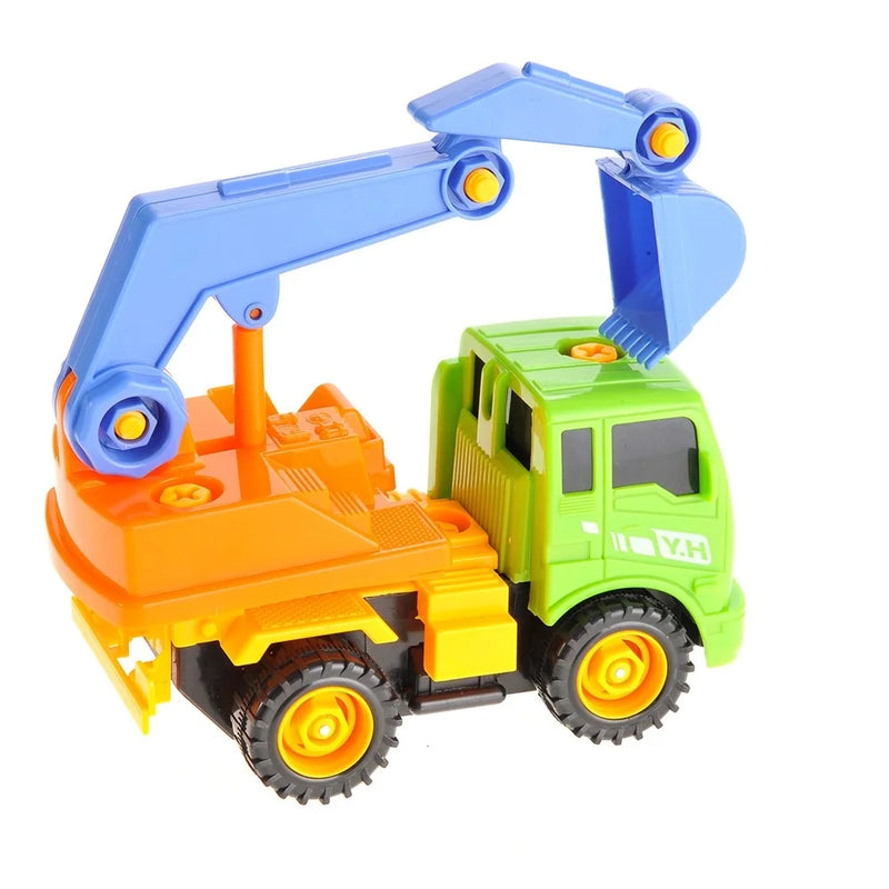 Children's toy excavator truck in green, orange, and blue, ideal for imaginative playtime