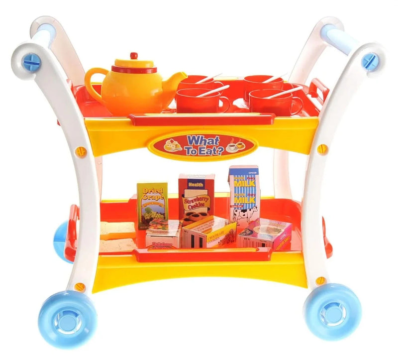 Brightly colored kids' toy food cart with teapot and cups on the top shelf, featuring boxed food items on the bottom