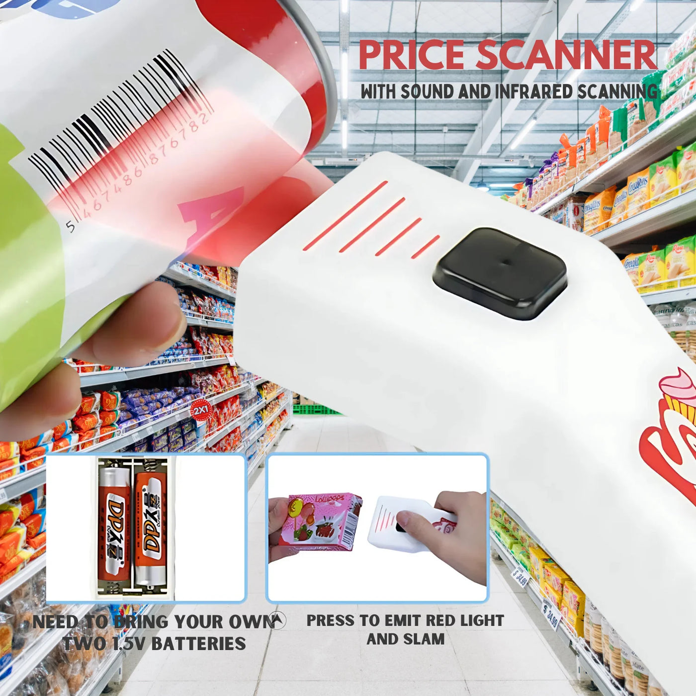 Toy price scanner with sound and infrared scanning for pretend supermarket play.