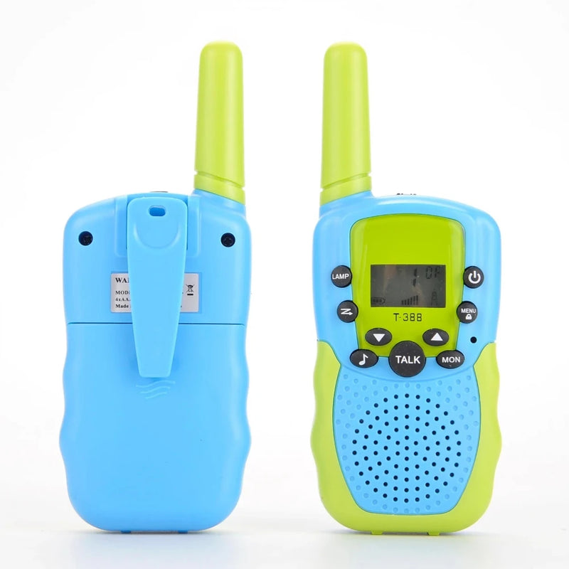 Back and front view of kids walkie talkie in blue and green, showcasing durable build and kid-friendly design.