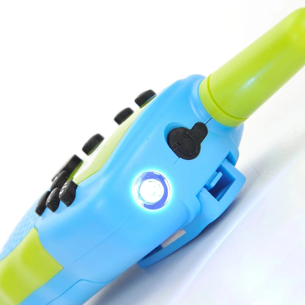 Close-up of kids walkie talkie with flashlight feature - perfect for night adventures and indoor play
